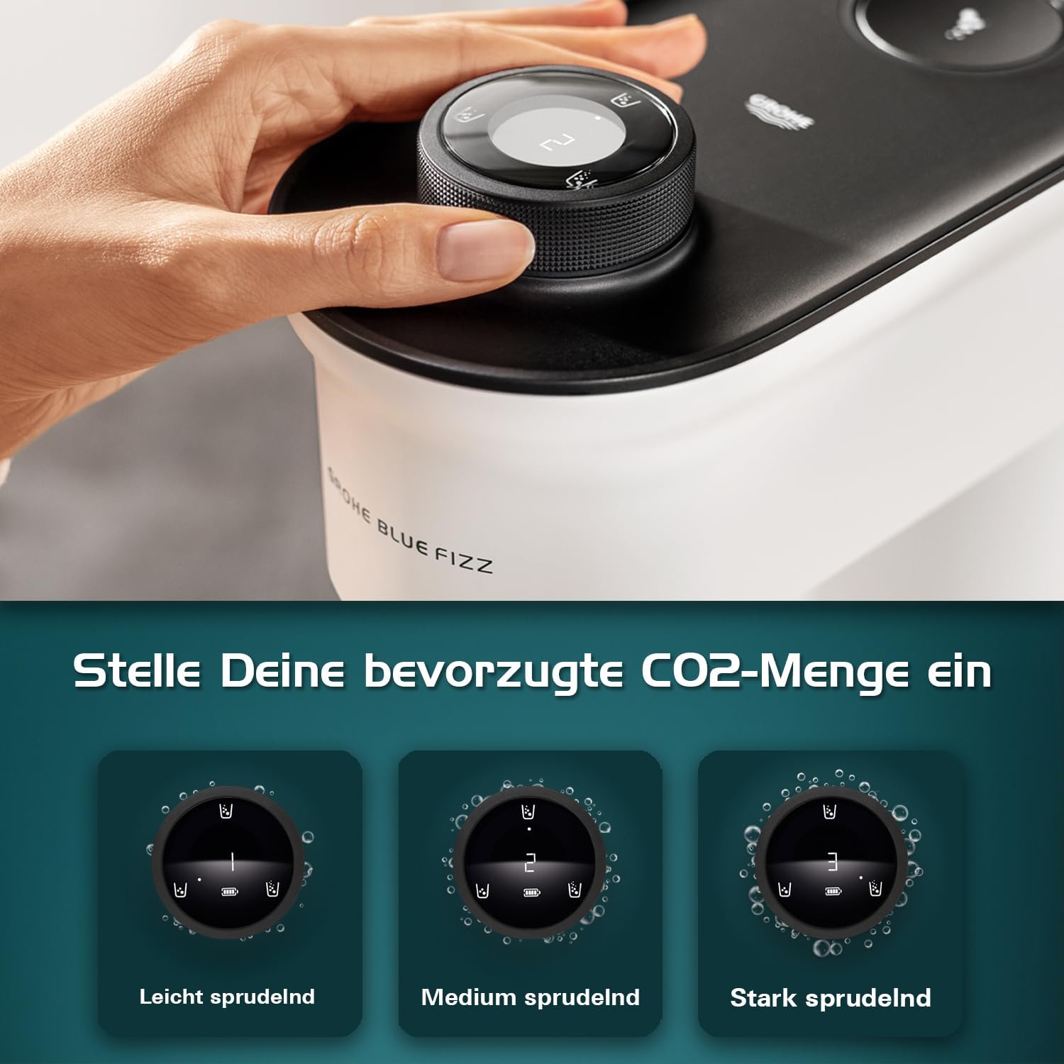 GROHE Blue Fizz, Wassersprudler Starter Set (mit CO2-Füllstandsanzeige, 3 einstellbare Sprudel-Stufen, ohne CO2 Flasche, 1x 0,85l Wasserflasche + Reinigungspulver), schwarz, 31947K00