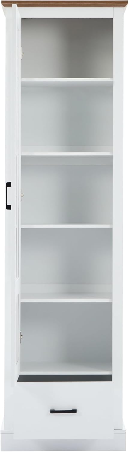 Merax Vitrine mit LED-Lichtern, Glasvitrine mit Schubladen und 5 Fächern, Modern Vitrinenschrank Bücherschrank Sammlervitrine, Hochschränk für Küchen Wohnzimmer Schlafzimmer Büro Eingang, Weiß, 178cm