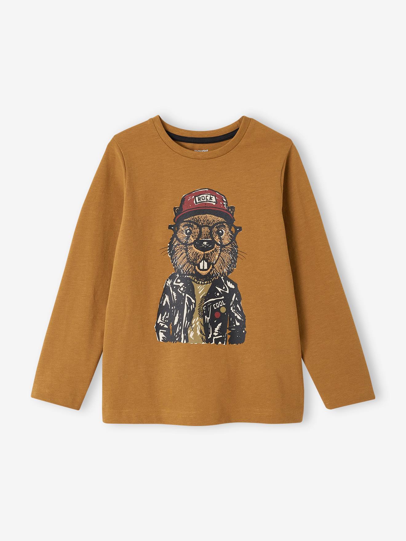Camiseta divertida com estampa de gato, para meninos, cáqui.