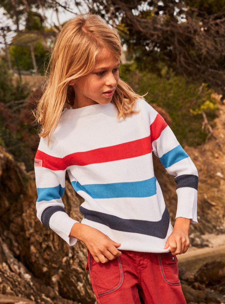 Pull écru à rayures tricolores
