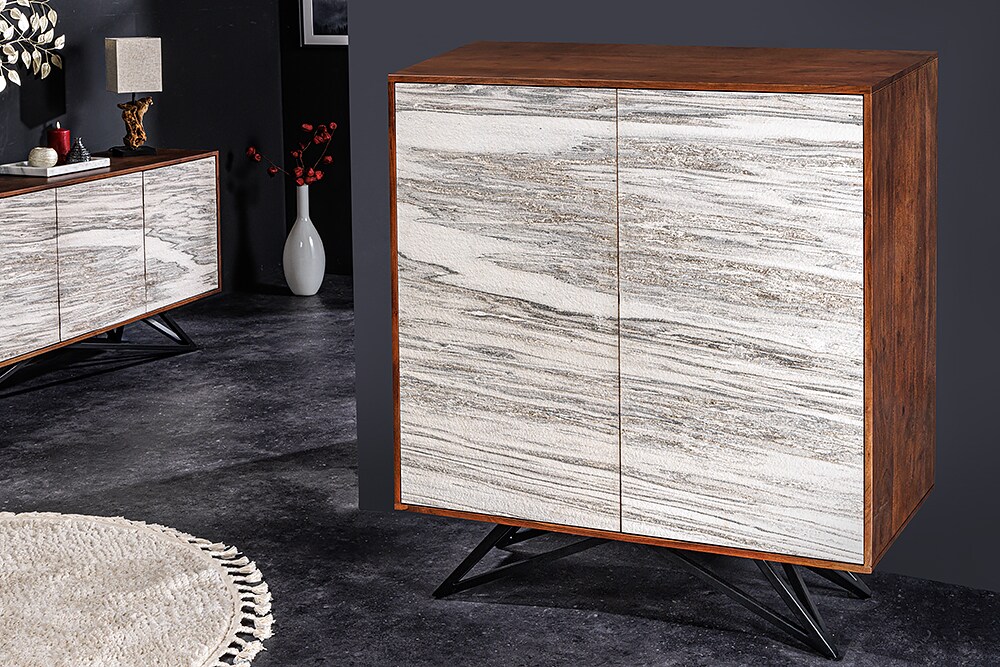 riess-ambiente Highboard MOUNTAIN SOUL - 120cm echter Naturstein weiß Akazie Schrank Marmor-Design Massivholz