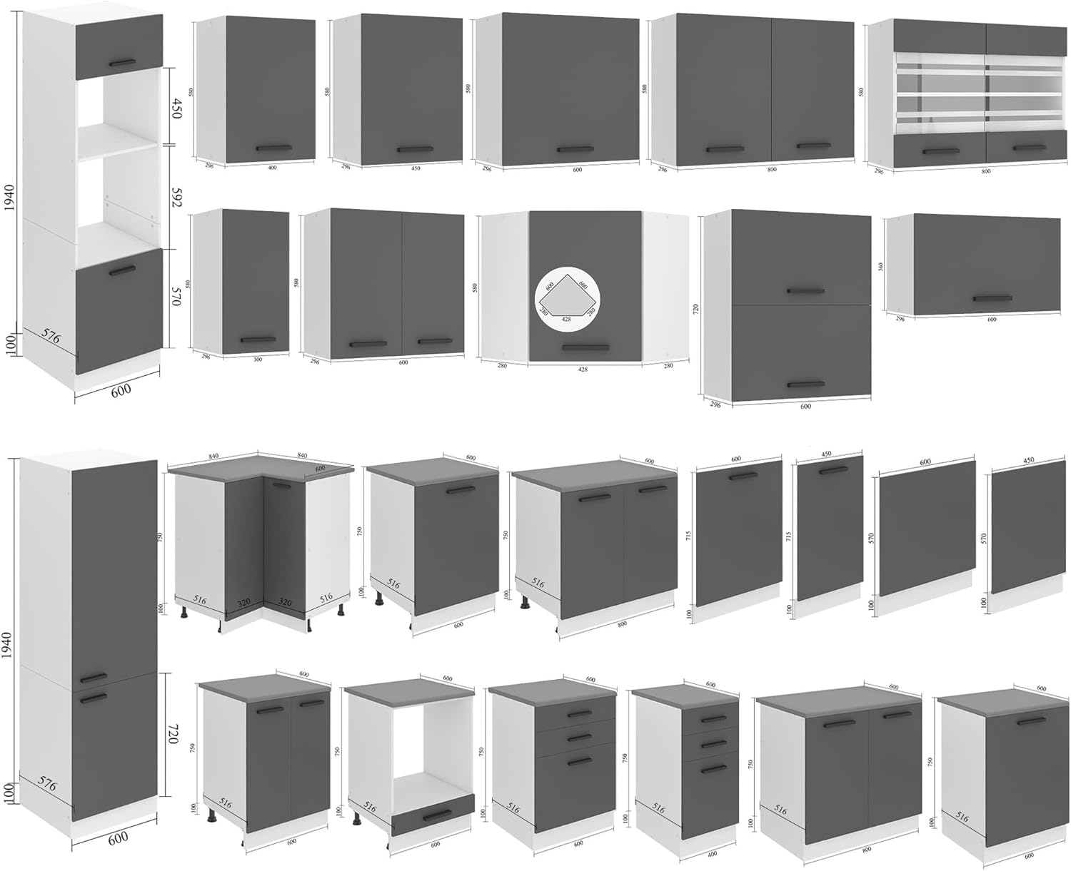 Belini Küchenzeile Küchenblock Margaret - Küchenmöbel 240 cm Einbauküche Vollausstattung ohne Elektrogeräten mit Hängeschränke und Unterschränke, ohne Arbeitsplatten, Silber matt