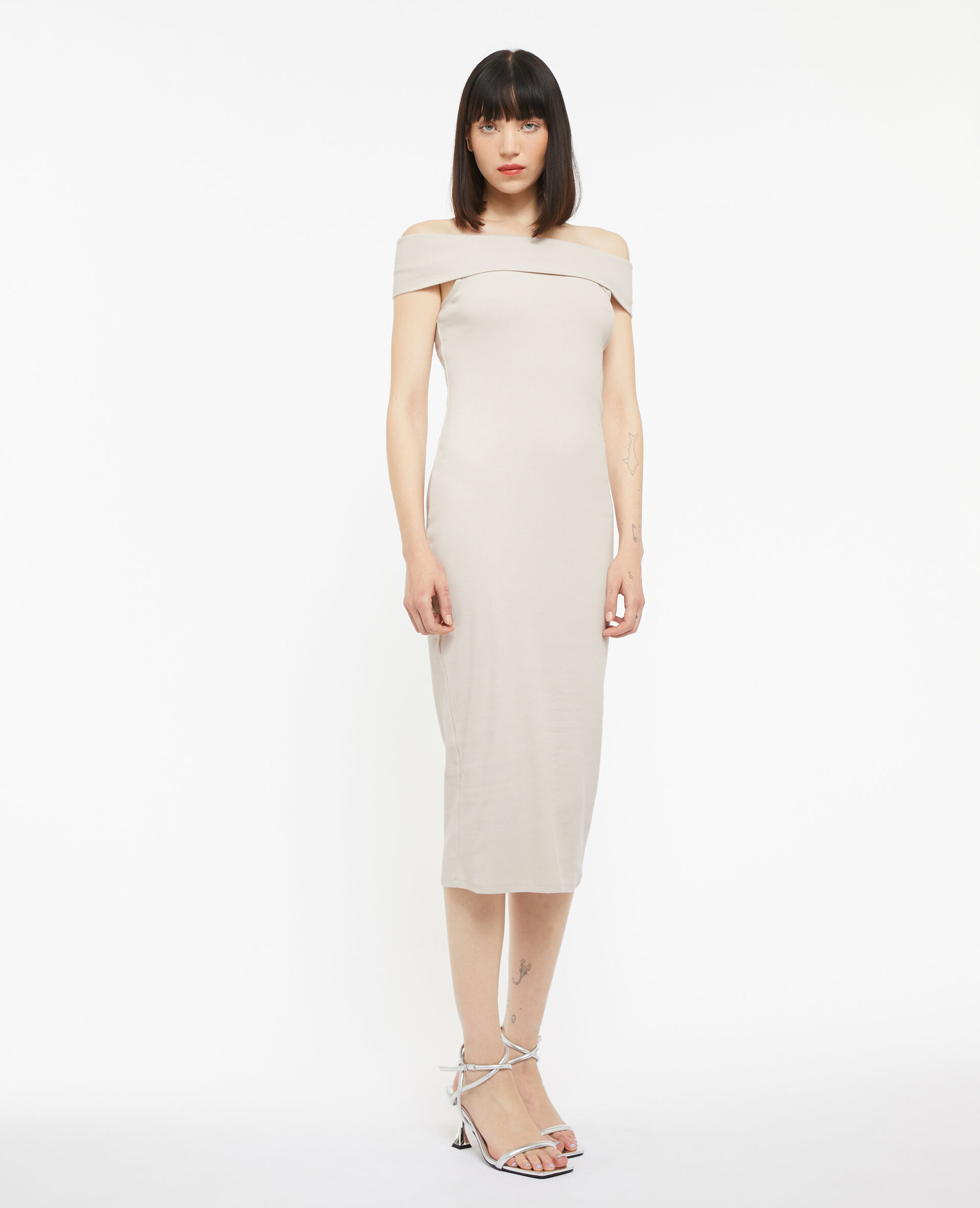 Robe midi encolure Bardot - Sable