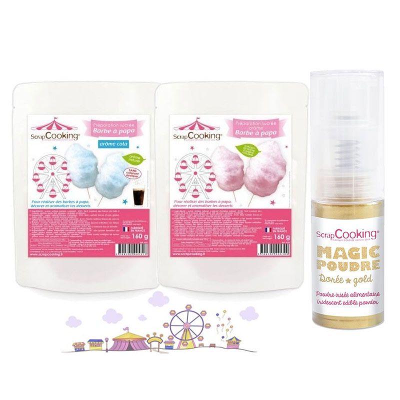 Préparation Barbe à papa rose & bleu + 1 poudre alimentaire irisée dor