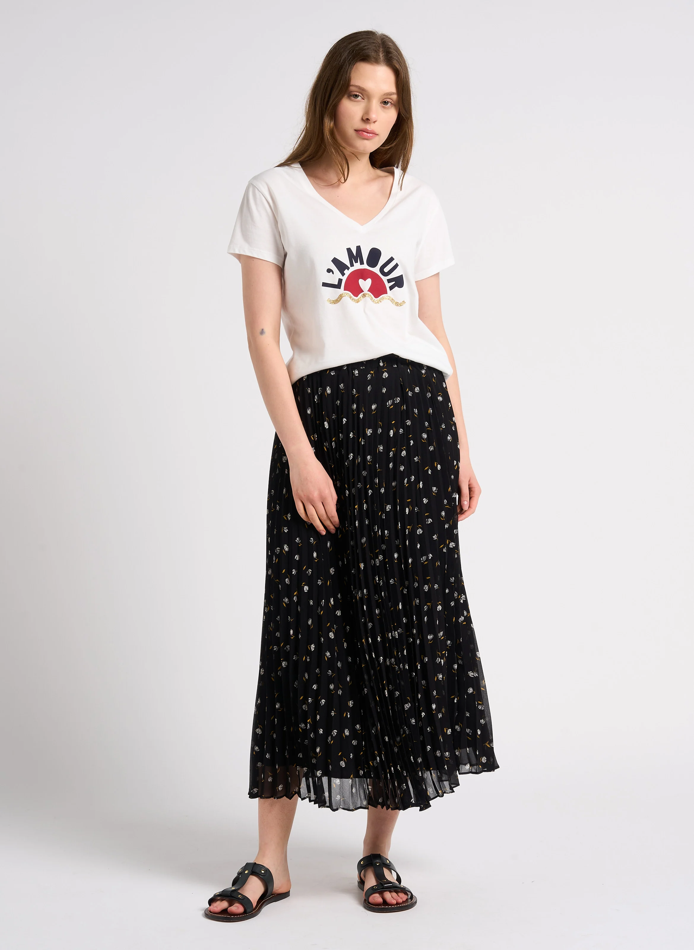 Tee-shirt col V sérigraphié en coton | Blanc