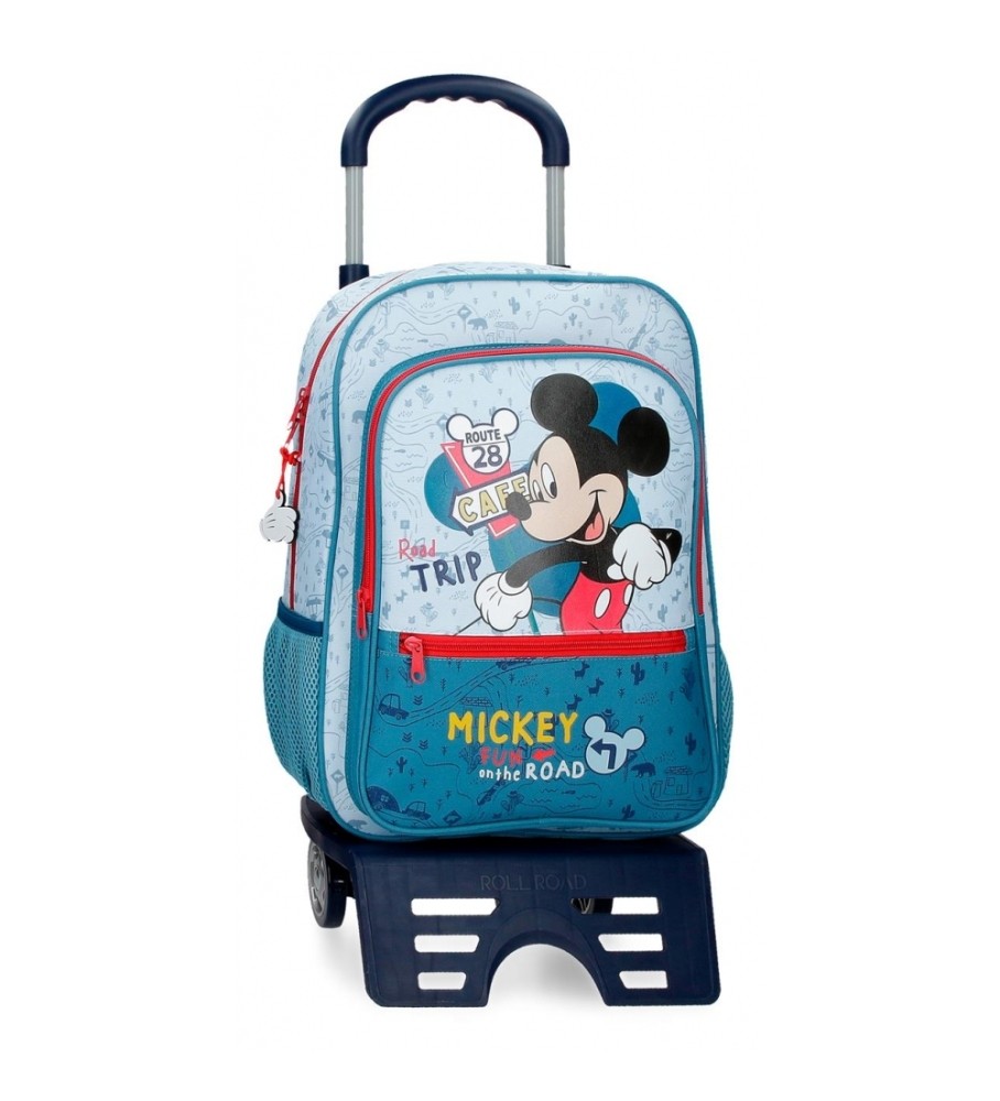 Mochila Escolar Disney Mickey Road Trip 38cm com Rodinhas Azul