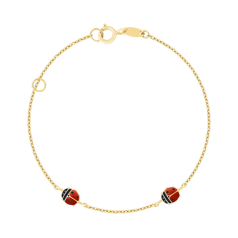 Bracelet or 375 jaune coccinelles laque rouge et noire 15 cm