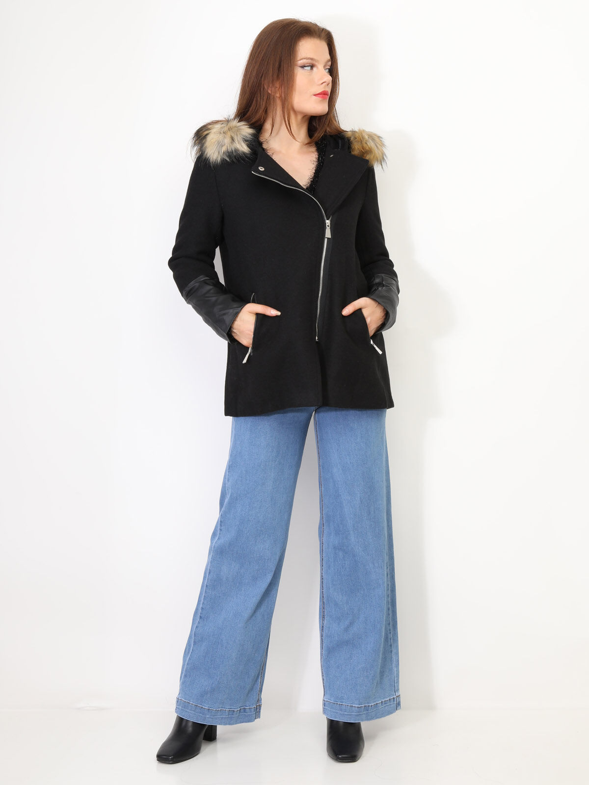 Manteau à manches en simili- Noir