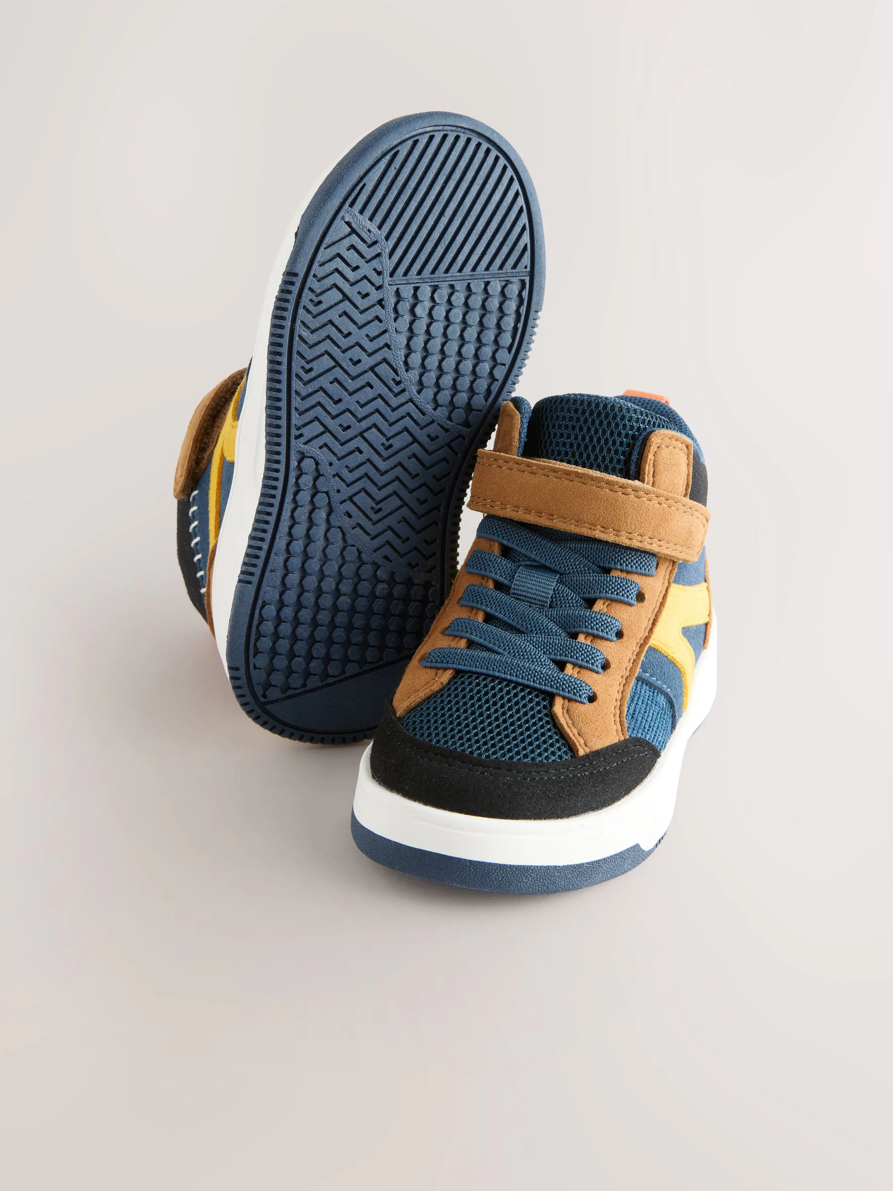 Marineblauw/Lichtbruin Kleurblok - Hoge sneakers met klittenbandsluiting en elastische veters