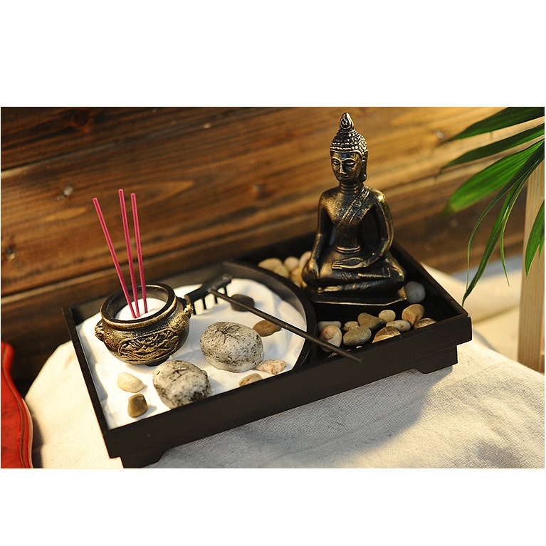 (11-tlg. Set) Buddha Zen Garten Home Deko mit Räucherstäbchen   Teelicht in Stein Optik - Schwarz