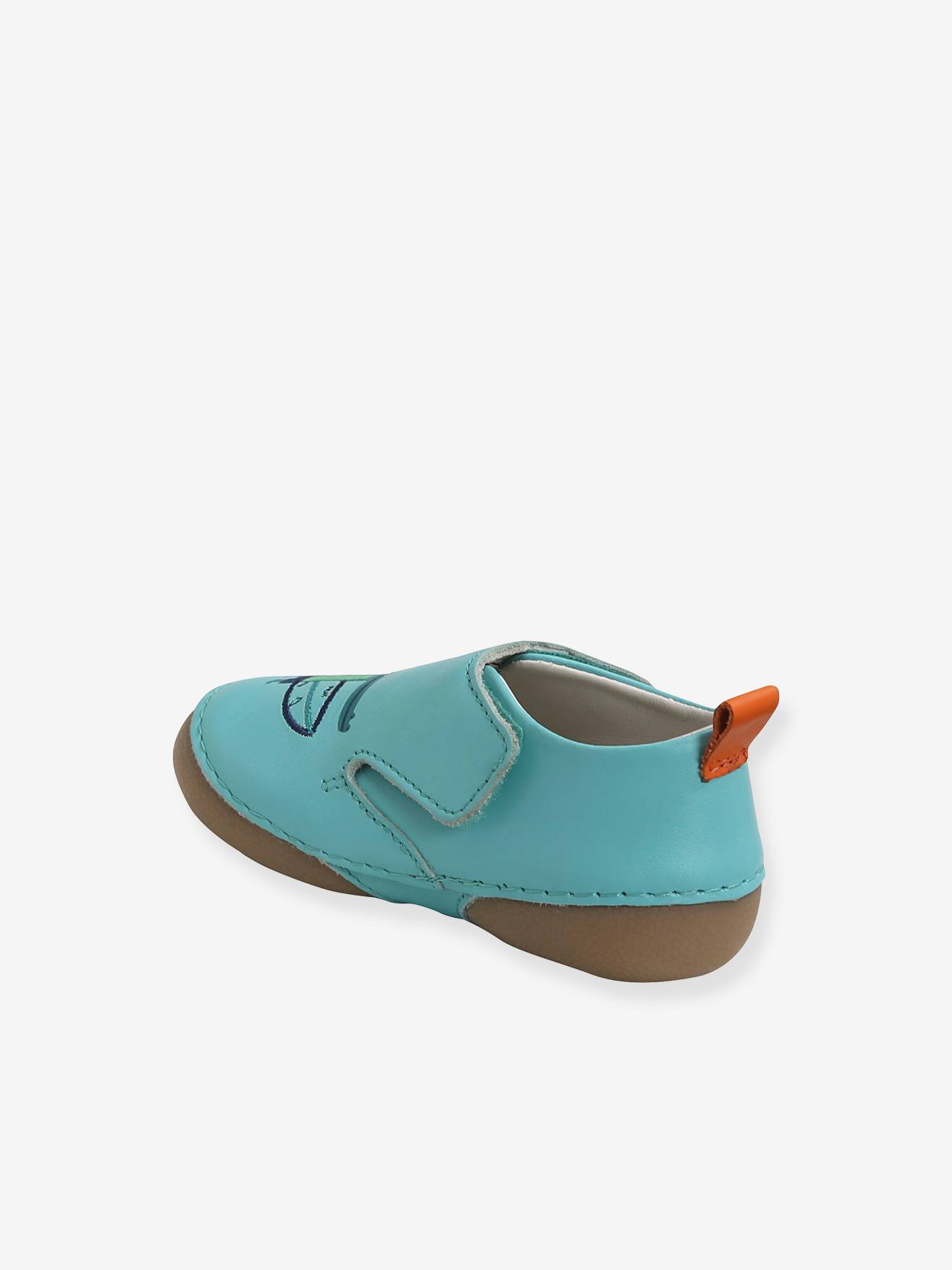 Pantufas de couro para casa, com tira autoadesiva, para bebê menino, lisas, verde claro com estampas.