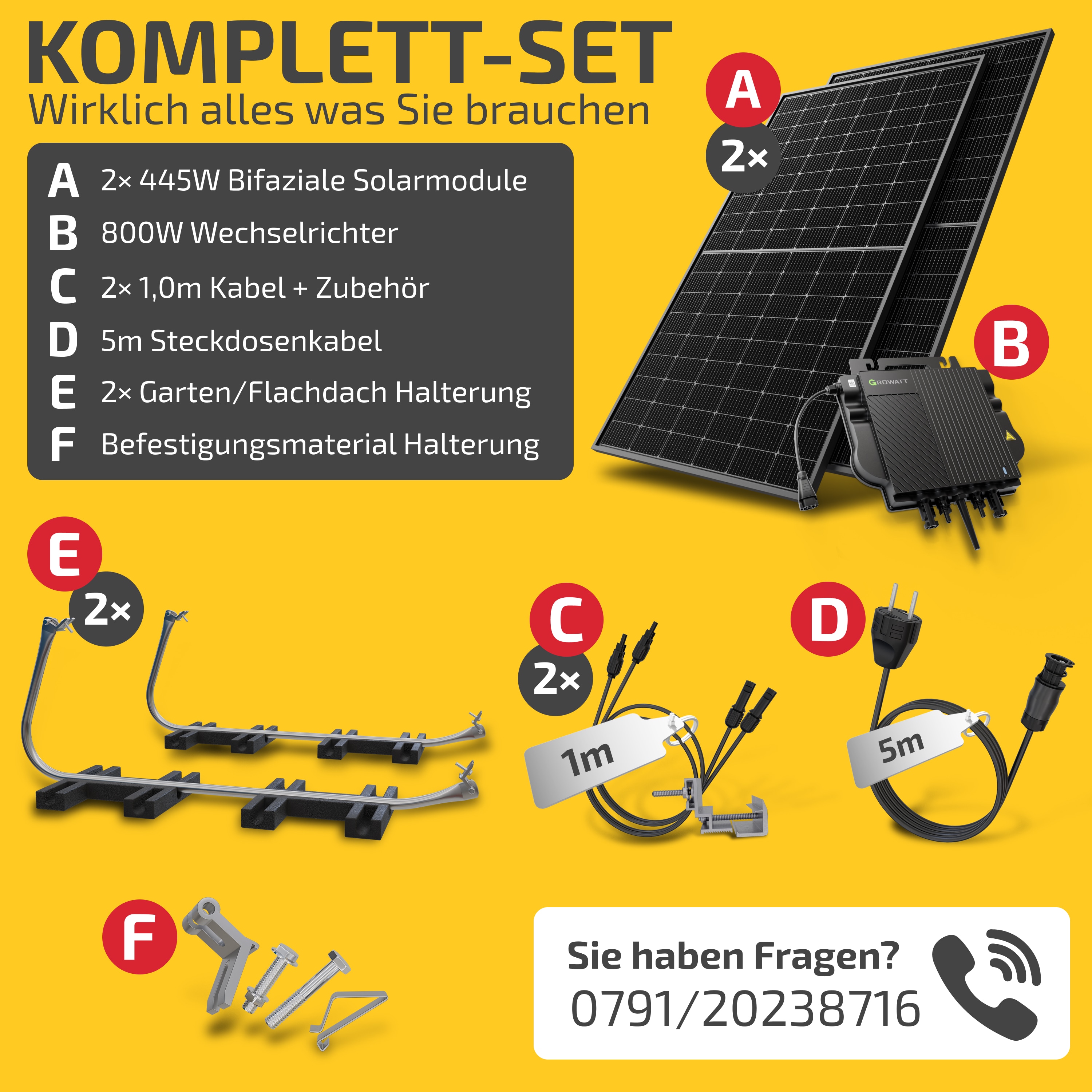 Balkonkraftwerk 890W/800W Solaranlage mit Garten Halterung Steckerfertig Komplettset Photovoltaik Anlage 800W, Kabellänge: 5m, Solakon - onLite