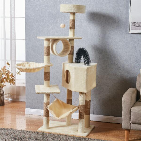 (150cm) Katzen Baum Sisal Kratzsäulen mit Häuschen / Hängematte / Tunnel / Aussichts Plattform - Beige