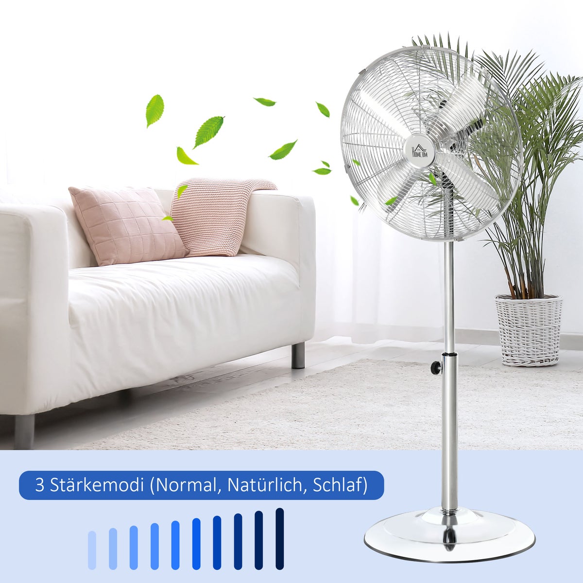 HOMCOM Staande ventilator, in hoogte verstelbaar, 3 snelheidsstanden, verstelbare kantelhoek, 44,5 cm x 44,5 cm x 87-120 cm, staal, zilver