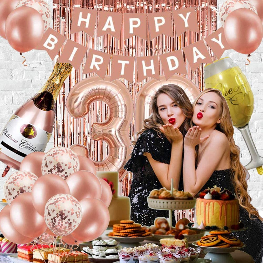 (89-tlg. Set) Happy Birthday Girlande 30. Geburtstag Party Deko   Latex - und Folienballons / Lametta Vorhang / Schärpe - Roségold
