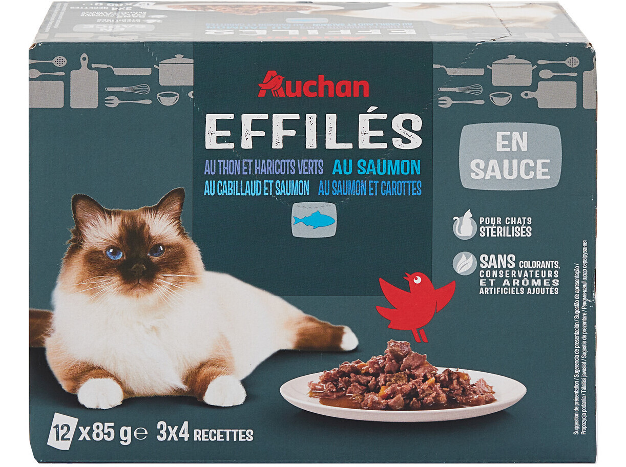 COMIDA HÚMIDA PARA GATO AUCHAN ESTERILIZADO SAQUETAS PEDAÇOS EM MOLHO PEIXES 12X85G