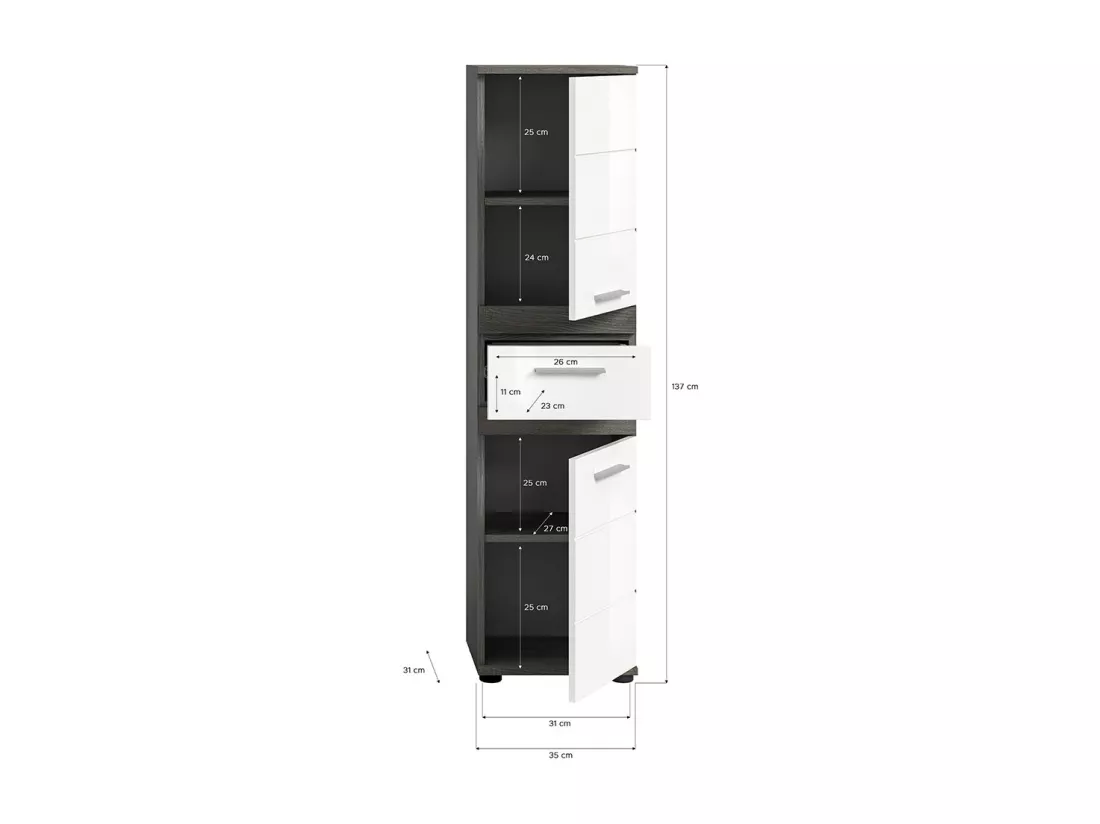 Blake - Colonne basse en mélaminé blanc et argenté (L/H/P : 35x137x31 cm)