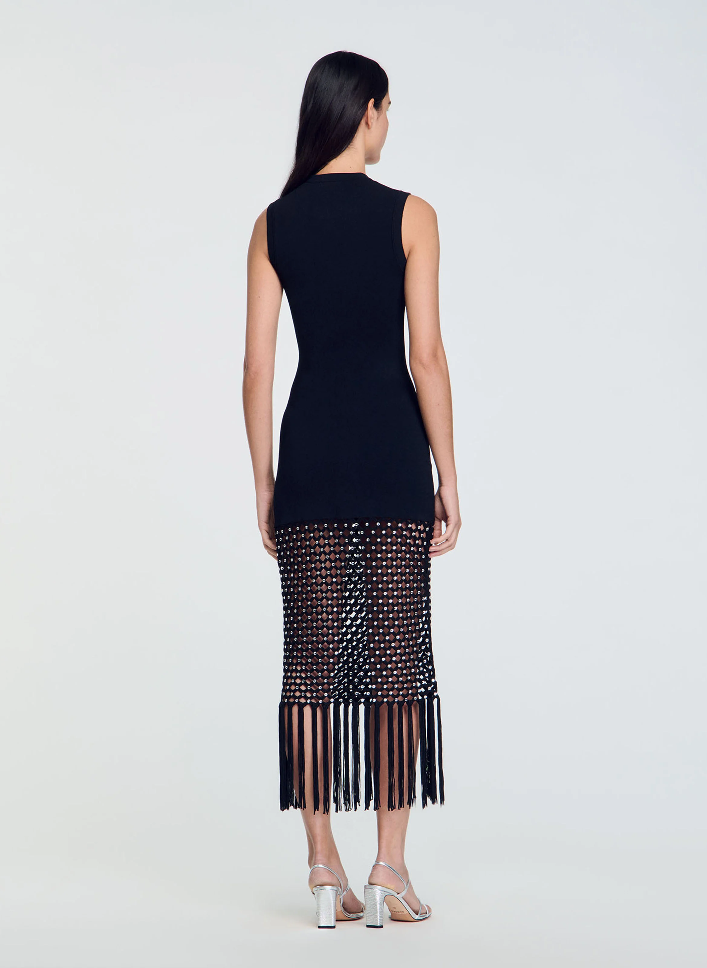 Robe longues col rond à franges | Noir