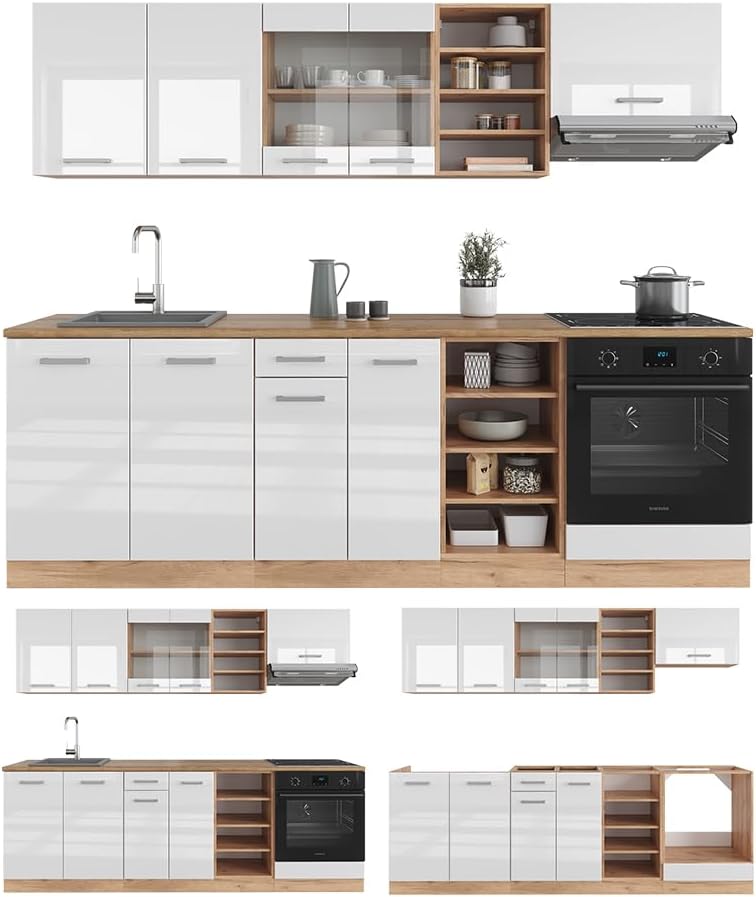 Vicco Küchenzeile R-Line, Weiß Hochglanz/Goldkraft Eiche, 240 cm ohne Arbeitsplatte