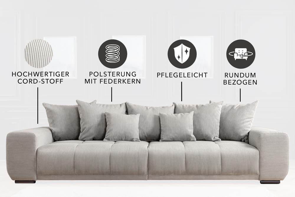 Riess Ambiente Modernes XXL Sofa ELEGANCIA - 285cm - Champagner beige - Cord inklusive Kissen Bigsofa XXL-Couch Federkern-Polsterung Rundum Bezug