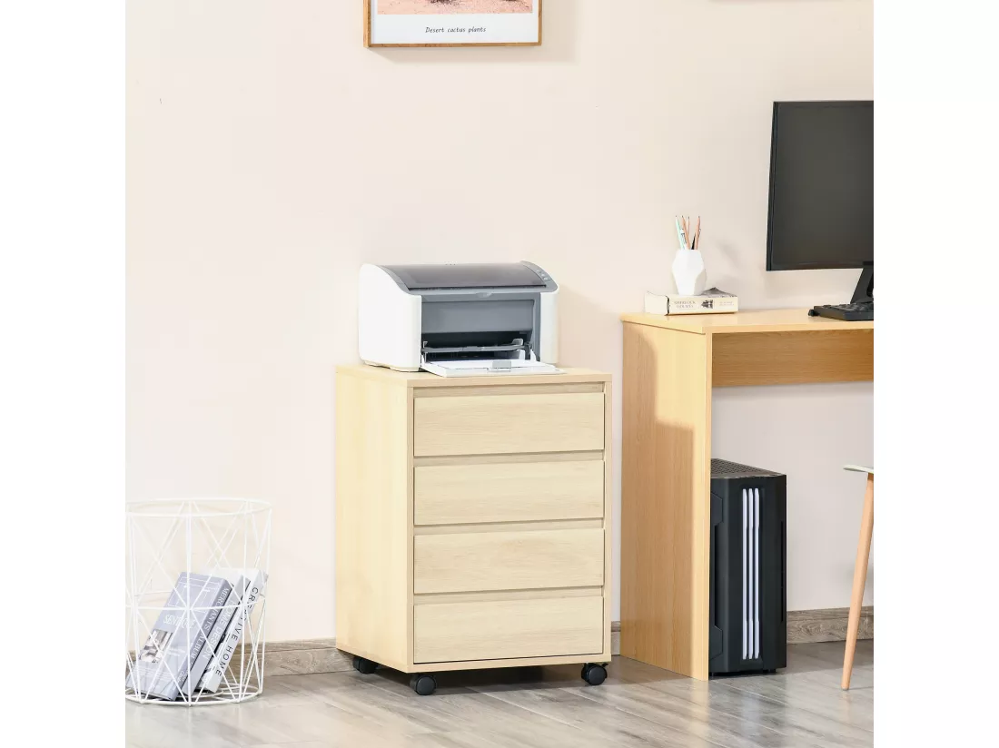 Caisson de bureau rangement bureau sur roulettes 4 tiroirs coulissants MDF aspect bois clair