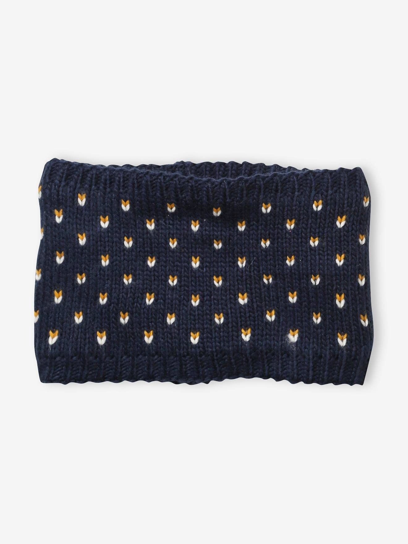 Conjunto de gorro, cachecol e luvas com estampa de corações em azul escuro, para meninas.