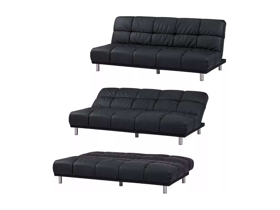Canapé-lit clic-clac 3 places pour couchage d’appoint taille 120 x 191 cm en finition PU noir et pieds en acier inoxydable finition chromée - MELLOW