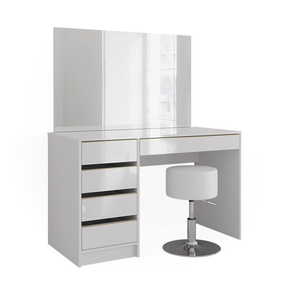 Vicco Schminktisch Sherry Weiß Hochglanz Gold 120 x 75 cm 5 Schubladen Spiegel Hocker