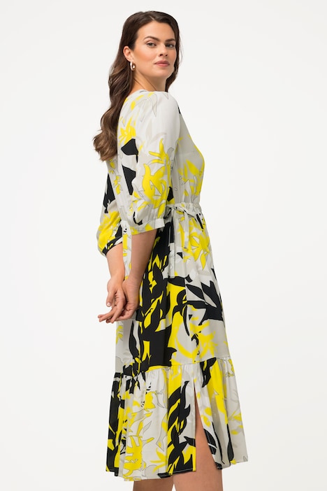 Midikleid, Blätterranken, Tunika-Ausschnitt, 3/4-Arm