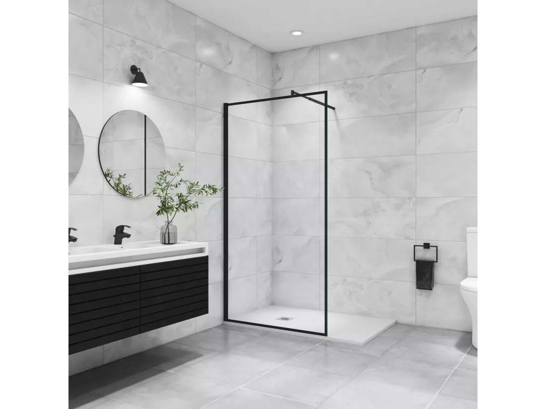 Paroi de douche noire 120x200cm à l'italienne avec barre de fixation noire 70-120cm en cylindrique, en 8mm verre trempé anticalcaire