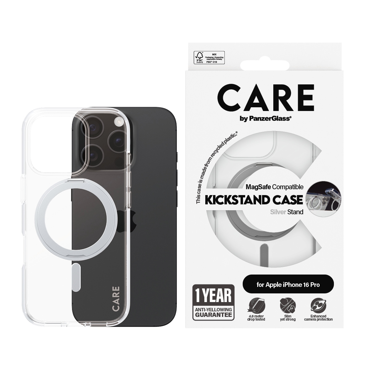 CARE by PanzerGlass Handyhülle »Feature Silver Kickstand  MagSafe Apple iPhone 16 Pro« Backcover, Schutzhülle, Handyschutzhülle, Case, Schutzcase, stossfest