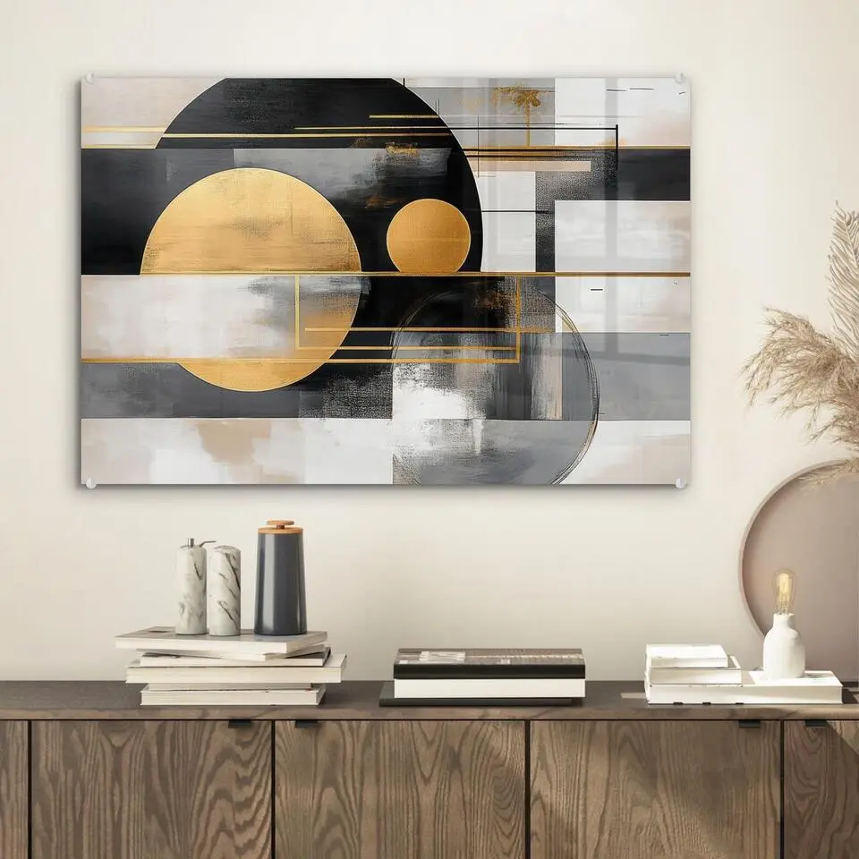 MuchoWow Glasschilderij 60x40cm Abstract Goud Zilver Vormen