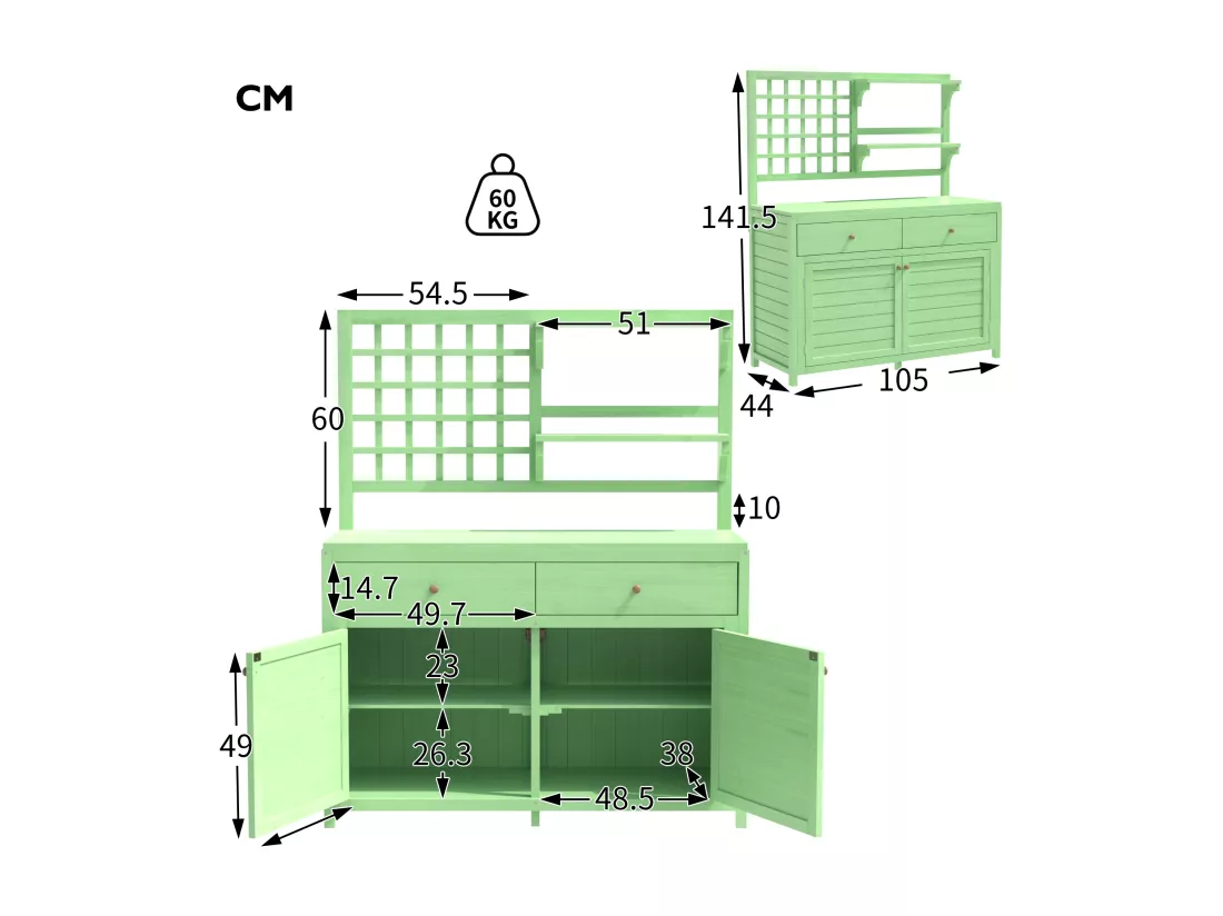 Armoire de jardin, abri de jardin en bois massif avec 2 portes, 2 tiroirs et étagère de rangement - 141.5 x 44 x 105 - Vert