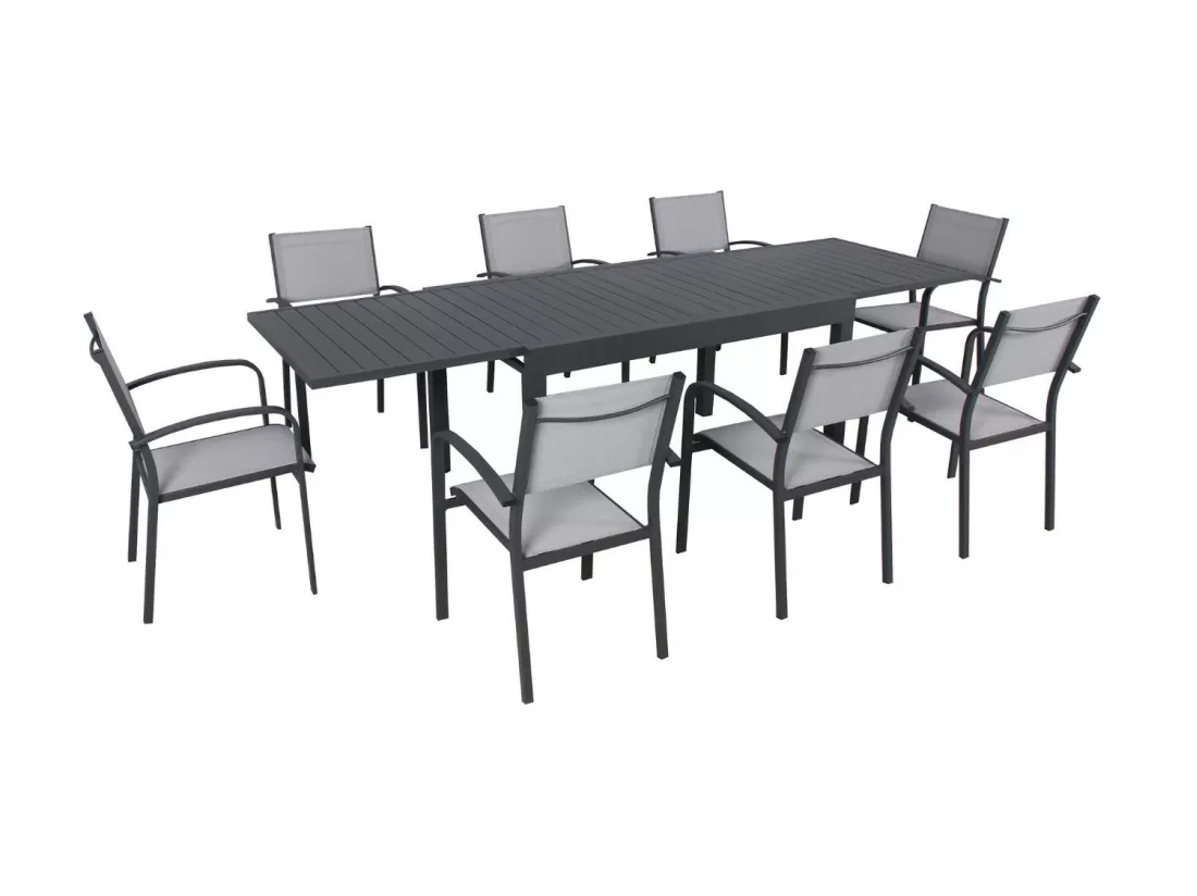 Table de jardin extensible en aluminium 270cm + 8 fauteuils empilables textilène anthracite gris - MILO 8