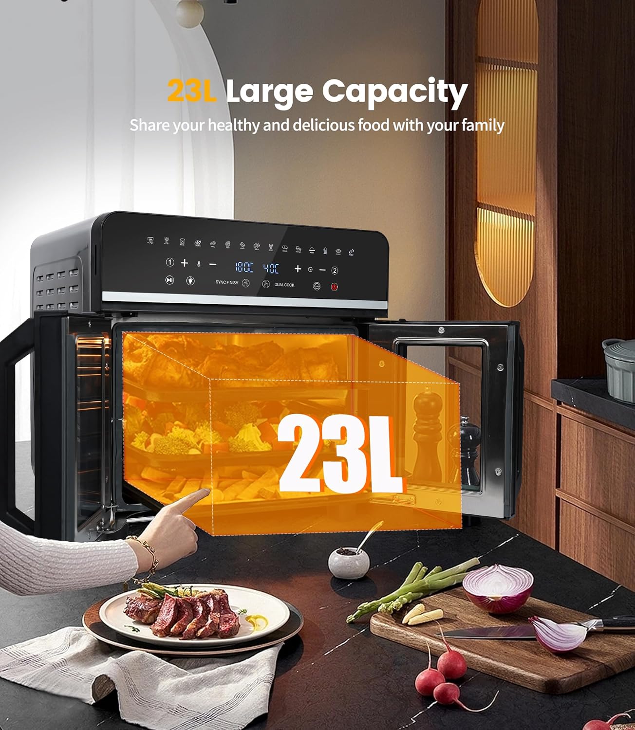 23L Heißluftfritteuse Minibackofen Air fryer, Emphsism Dual Zone Heissluftfritteuse XXL Oven 1800W mit LED-Touchscreen 15 Programmen, mit Rezeptbuch, 11 Zubehöre