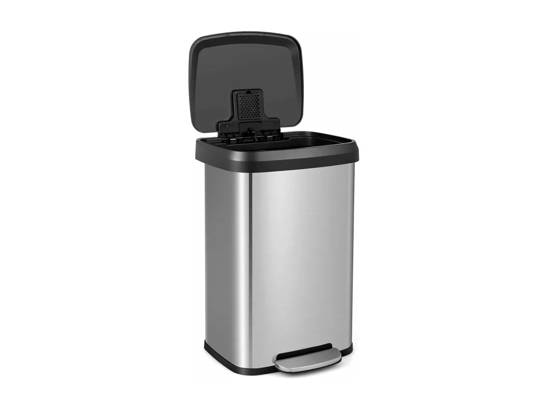 Poubelle Cuisine 50 Litres en Acier Métal, Poubelle Rectangulaire Pédale Amortisseur, Casier Désodorisant, Couvercle Fermeture Douce, Anti-Empreintes, pour Bureau, Salle de Bain (Argent)