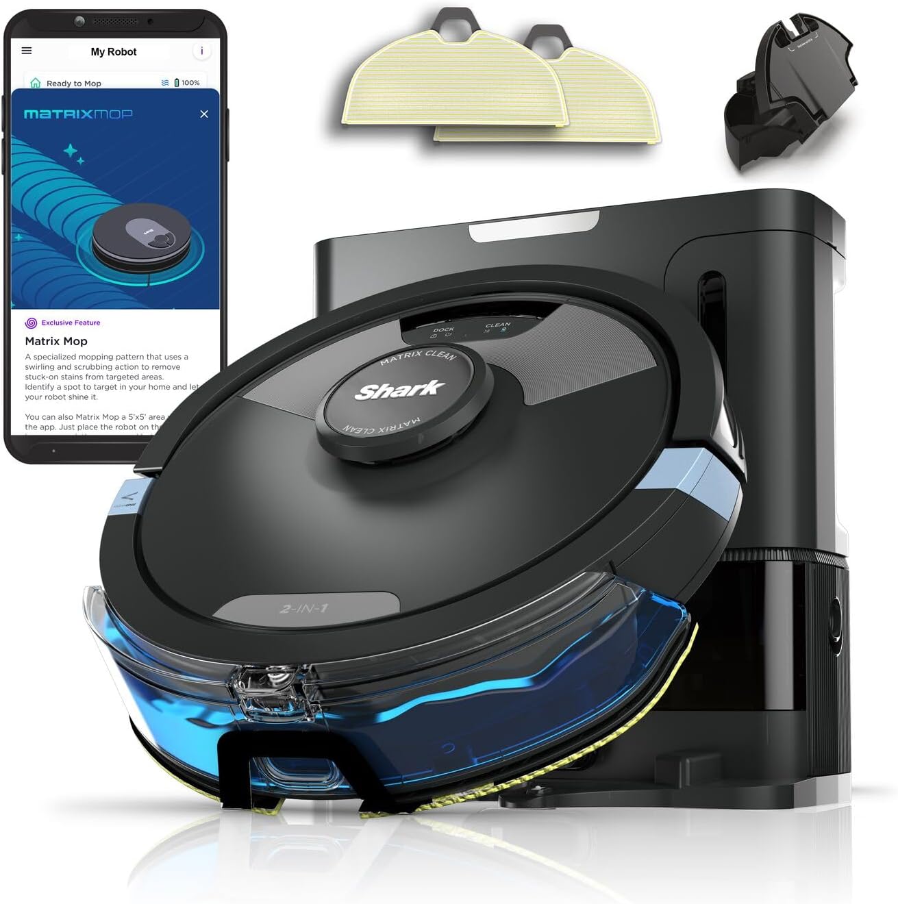 Shark Matrix Plus 2-in-1 Saugroboter mit Wischfunktion und Absaugstation, Selbstreinigend, Selbstentleerend, für Tierhaare, Teppich und Hartböden, 14,5 cm flach, schwarz