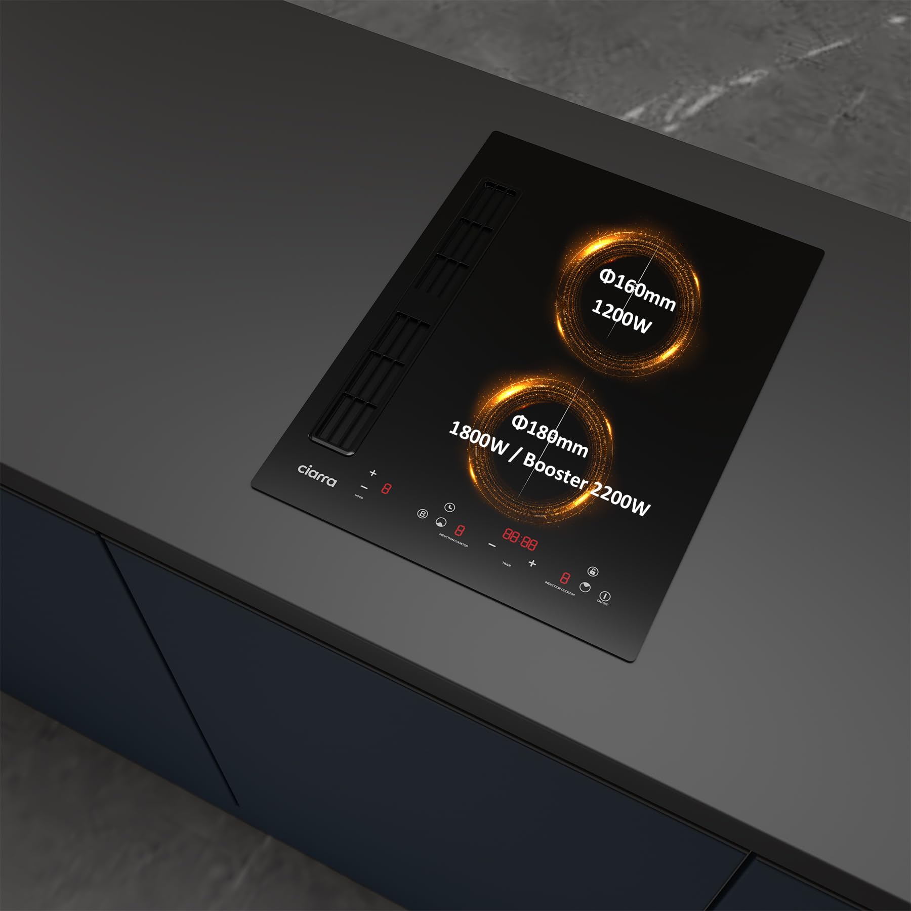 CIARRA One Plaque à Induction et Hotte Intégrée-39cm-3200W-9 Niveaux de Puissante-460m³/h- Évacuation ou Recyclage-4 Vitesses-Fonction Boost-Filtratio