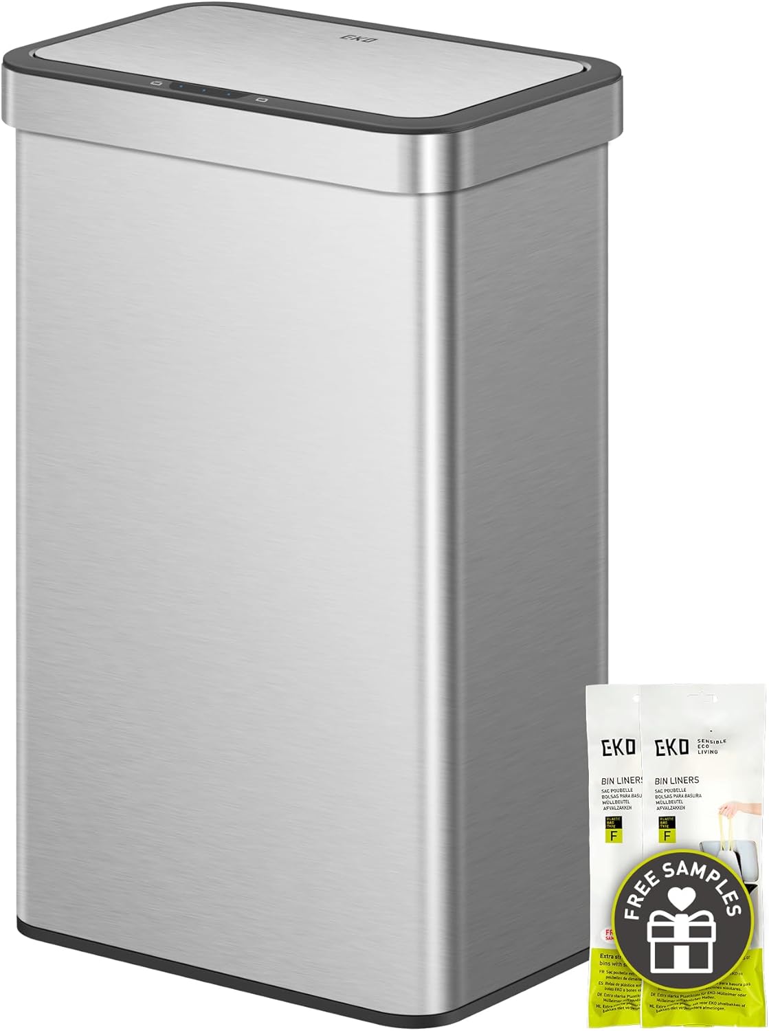 EKO NOVA Mülleimer mit Sensor, Automatischer Mülleimer 2 Fächer 2 x 30L, Abfalleimer Küche, Edelstahl, 2 Kunststoff Inneneimer, Softclose, fingerabdruckfrei, elektrischer Küchenmülleimer, 12 Müllsäcke