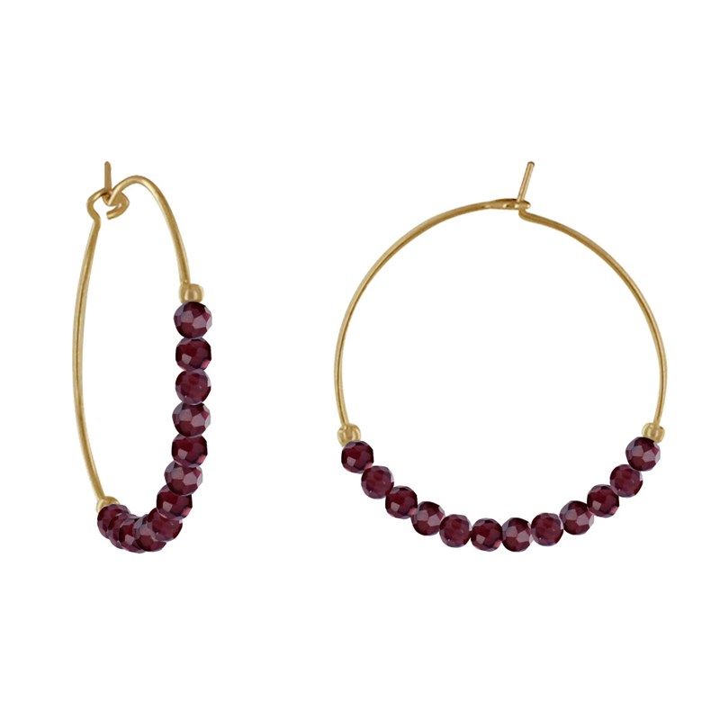 Boucles d'Oreilles Plaqué Or Créoles Perles Facettées de Grenat
