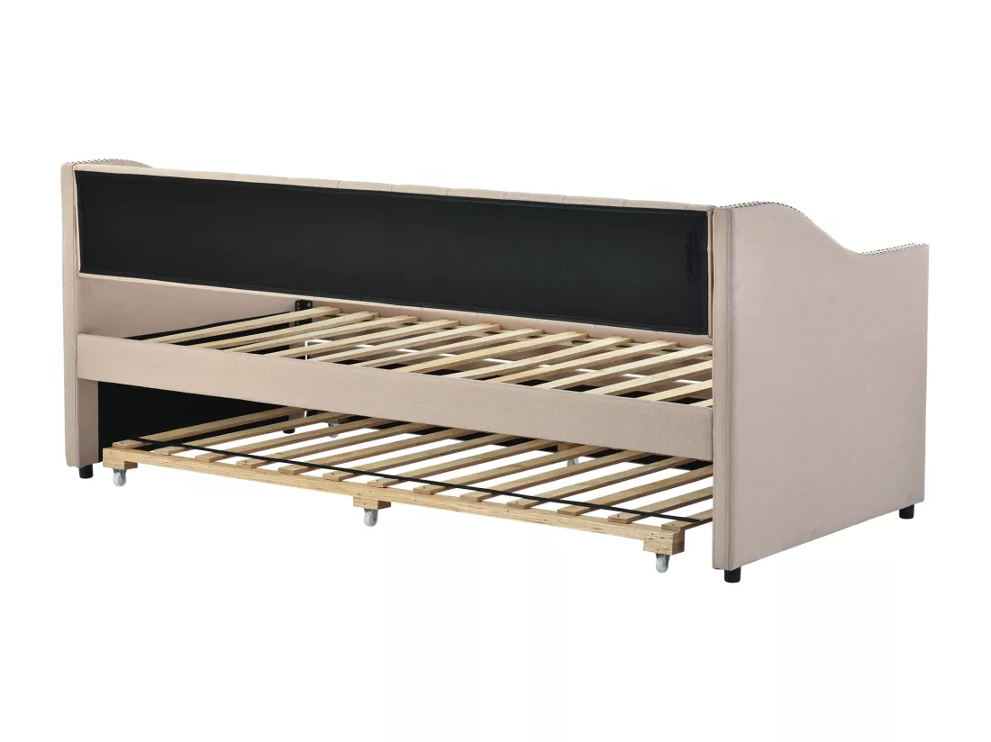 Lit gigogne lit banquette 90x200cm en lin avec sommier à lattes - Beige