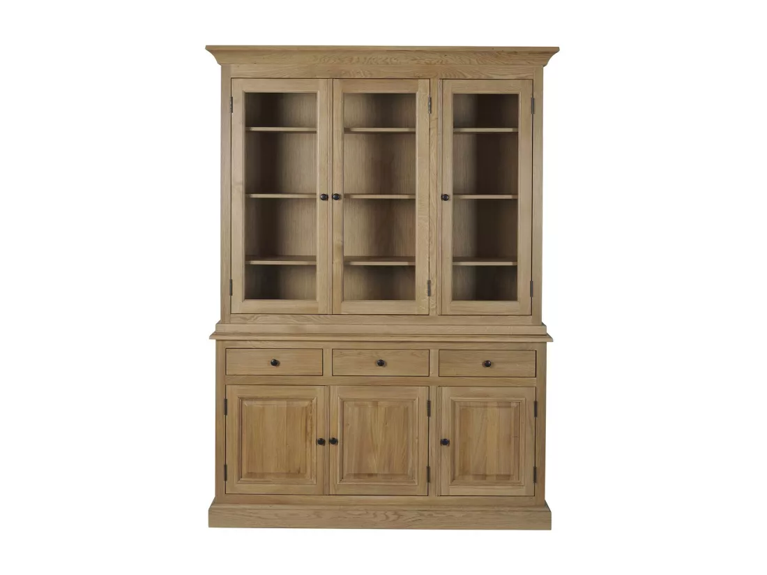Buffet vaisselier en chêne 3 portes vitrées 3 tiroirs 3 portes bois - VICTORIA
