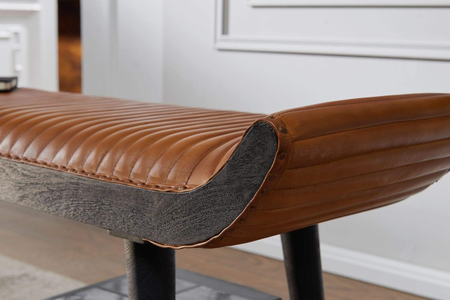 FineBuy gepolsterte Sitzbank 125 cm Massivholz Echtleder Braun - Retro Polsterbank für Garderobe Schlafzimmer & Wohnzimmer - Garderobenbank Eingangsbereich - Handmade