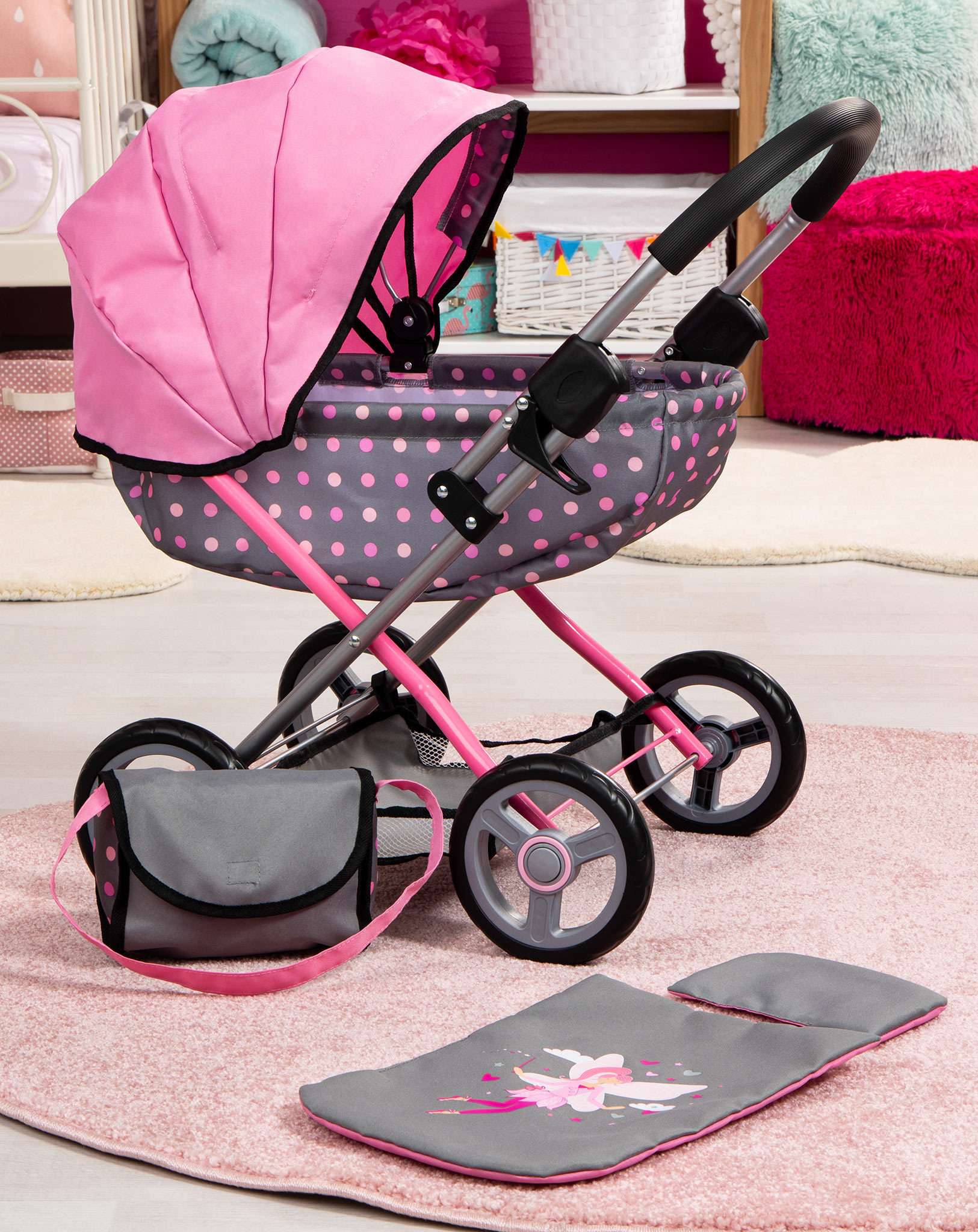 Puppenwagen COSY FAIRY 4-teilig in grau