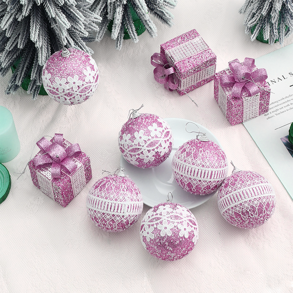 (9er Set) Ø8cm Styropor Christbaum Schmuck Glitzer Weihnachtskugeln Tannenbaum Home Deko - Pink / Weiss