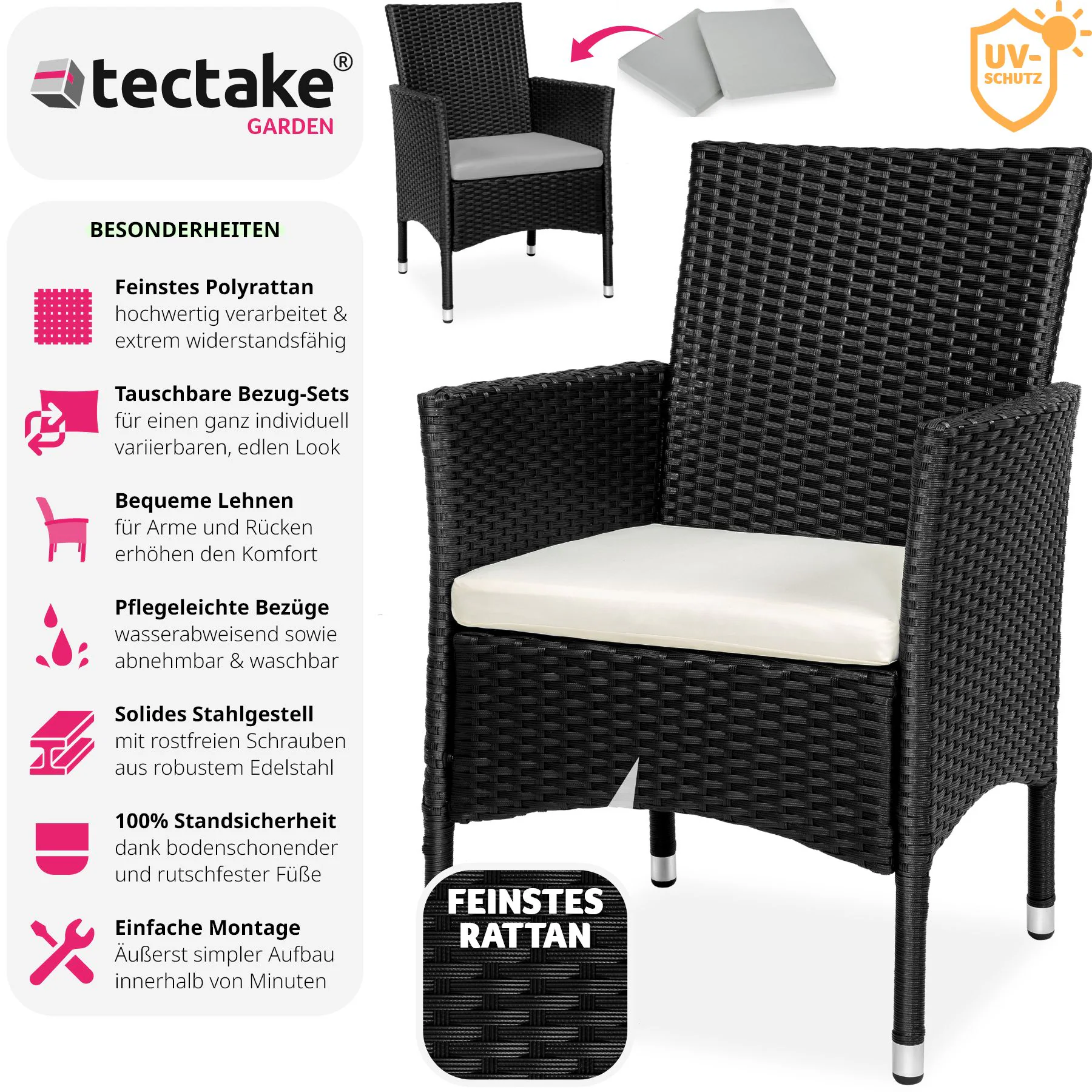 tectake® 2er Set Rattanstuhl, widerstandsfähig, 2 Bezugssets, 59 x 57 x 85 cm