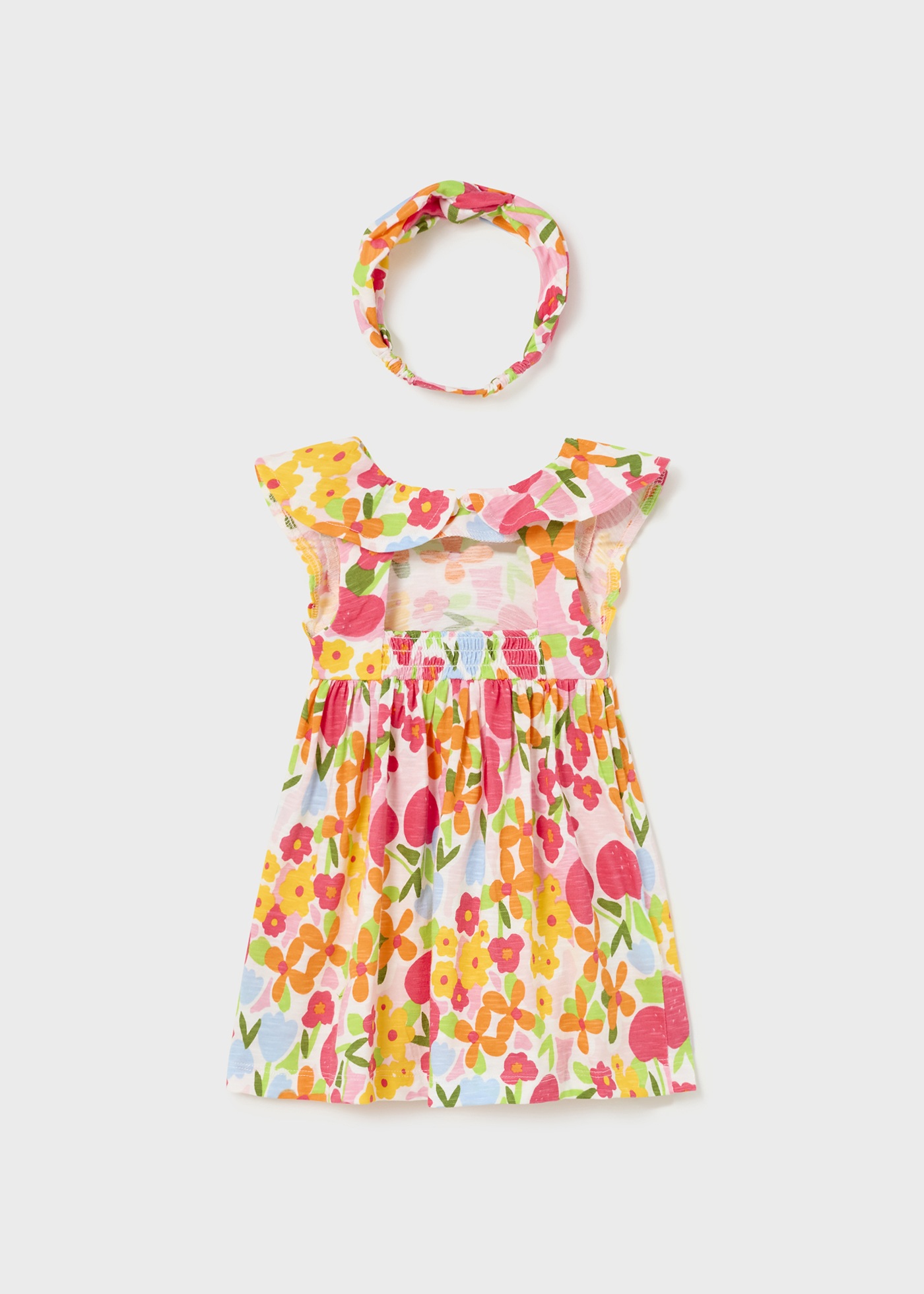 Vestido estampado em algodão sustentável com faixa de cabelo para bebê