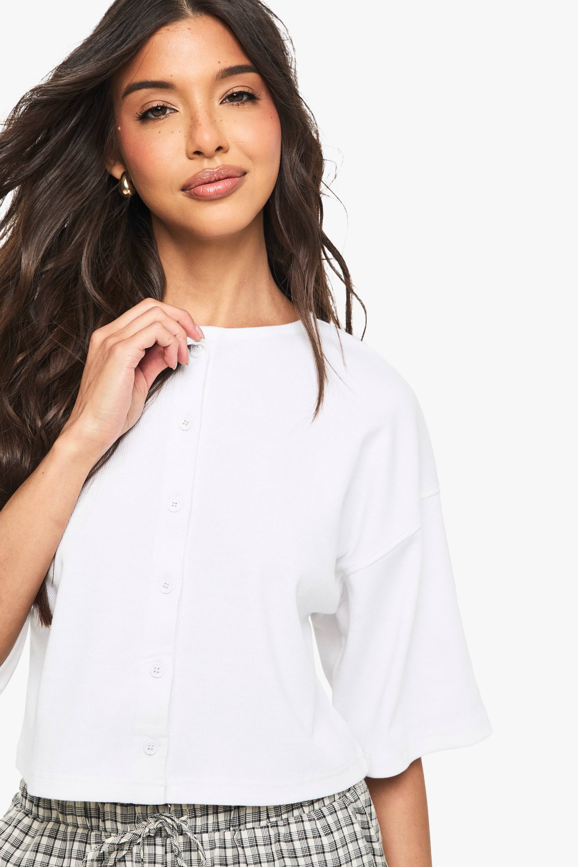 boohoo Haut Côtelé Ample À Manches 3/4 Avec Boutonnage