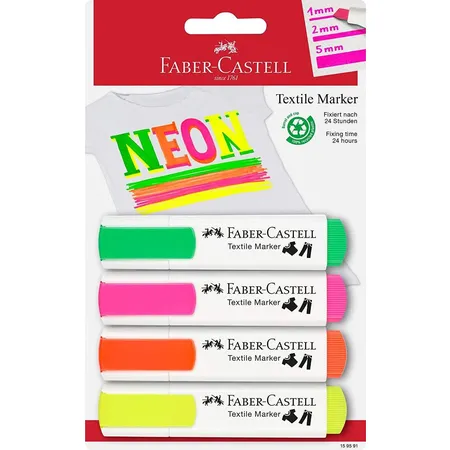 Faber-Castell Textilmarker in Neonfarben für helle Stoffe, 4er Packung