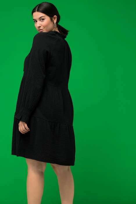 Musselin-Minikleid, A-Line, Rüschen-Ausschnitt, Langarm